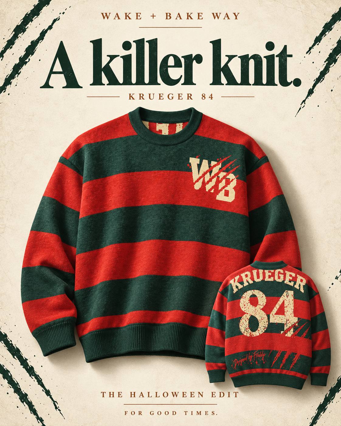 Wake + Bake Way A killer knit Halloween campaign poster with front and back garment illustrations