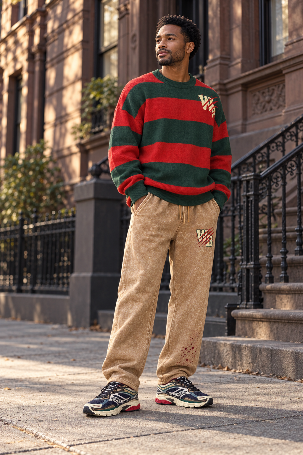 AI-styled WBW Freddy knit and real WBW tan sweatpants with the supplied multicolor Saucony sneaker reference